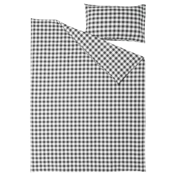 EKTANDVINGE - Duvet cover and pillowcase, anthracite white/check, 150x200/50x80 cm