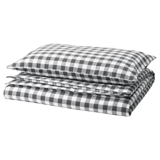 EKTANDVINGE - Duvet cover and pillowcase, anthracite white/check, 150x200/50x80 cm