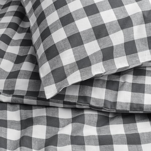 EKTANDVINGE - Duvet cover and pillowcase, anthracite white/check, 150x200/50x80 cm