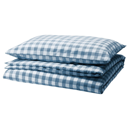 EKTANDVINGE duvet cover and pillowcase, dark blue white/check, 150x200/50x80 cm