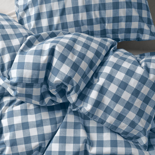 EKTANDVINGE duvet cover and pillowcase, dark blue white/check, 150x200/50x80 cm