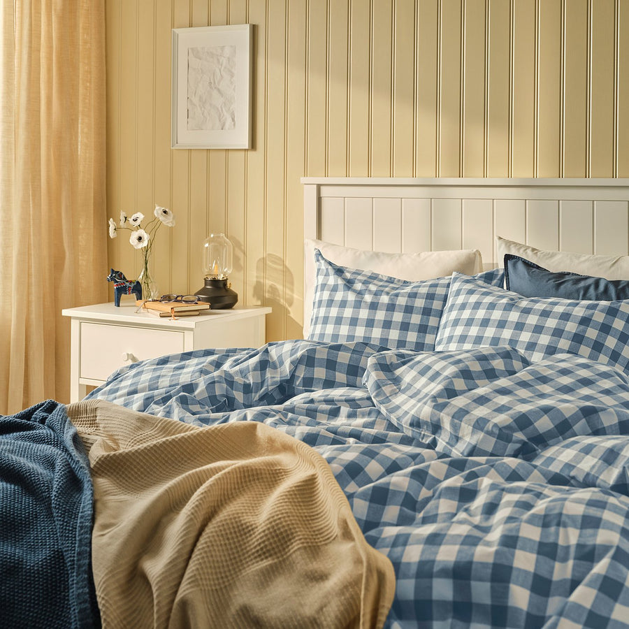EKTANDVINGE duvet cover and pillowcase, dark blue white/check, 150x200/50x80 cm