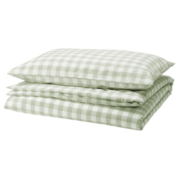 Ikea EKTANDVINGE - Duvet cover and pillowcase, pale grey-green white/check, 150x200/50x80 cm