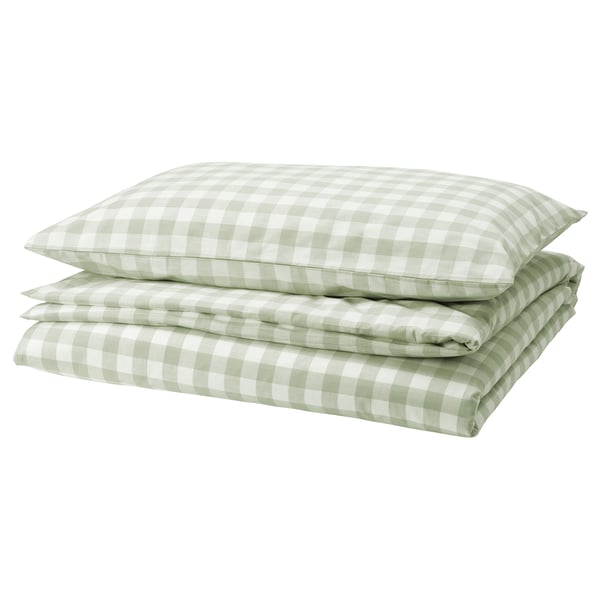 EKTANDVINGE duvet cover and pillowcase, pale grey-green white/check, 150x200/50x80 cm