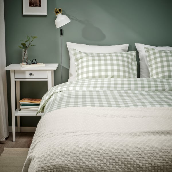 EKTANDVINGE duvet cover and pillowcase, pale grey-green white/check, 150x200/50x80 cm