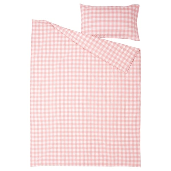 Ikea EKTANDVINGE - Duvet cover and pillowcase, light pink white/check, 150x200/50x80 cm