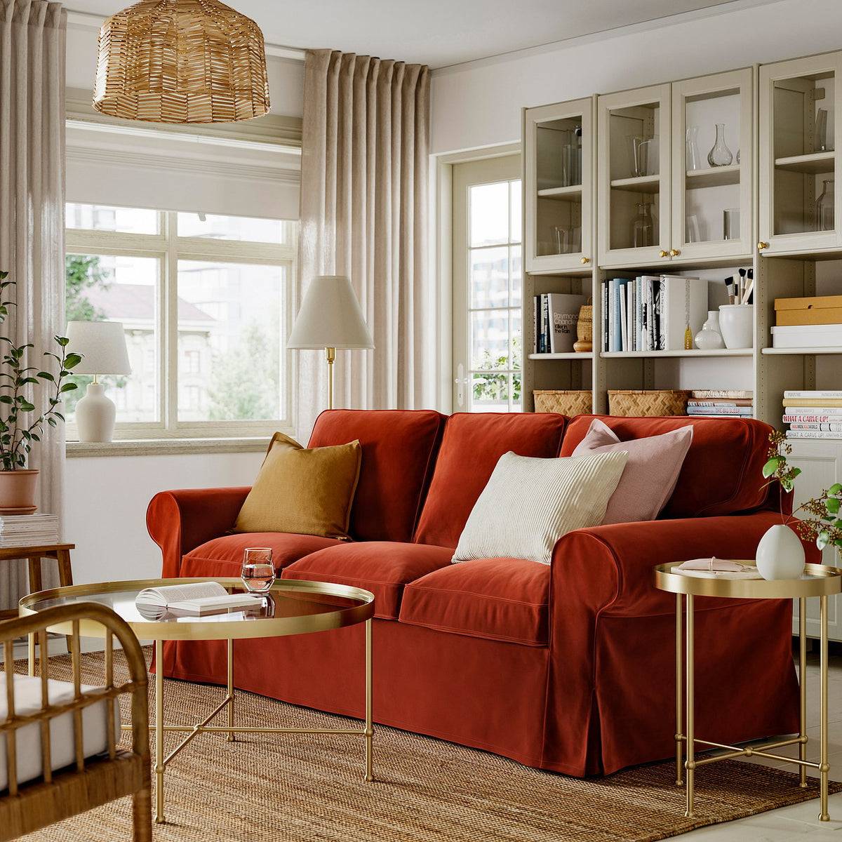 EKTORP 3-seat sofa, Alhamn deep orange-red, 218 cm