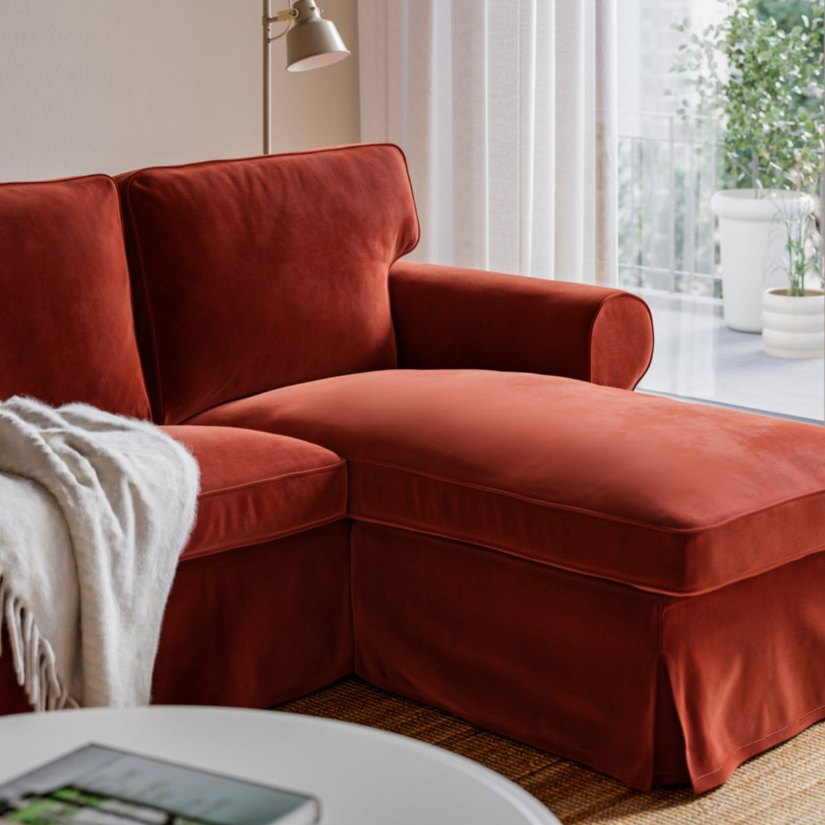 EKTORP 3-seat sofa with chaise longue, Alhamn deep orange-red, 252x88x88 cm