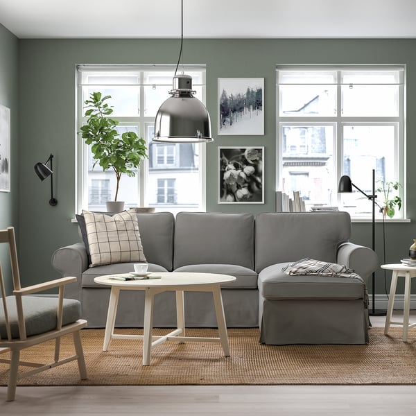 EKTORP - 3-seater sofa with chaise-longue, Hakebo dark grey ,