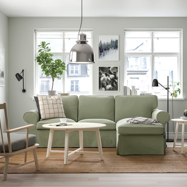 EKTORP - 3-seater sofa with chaise-longue, Hakebo grey-green ,
