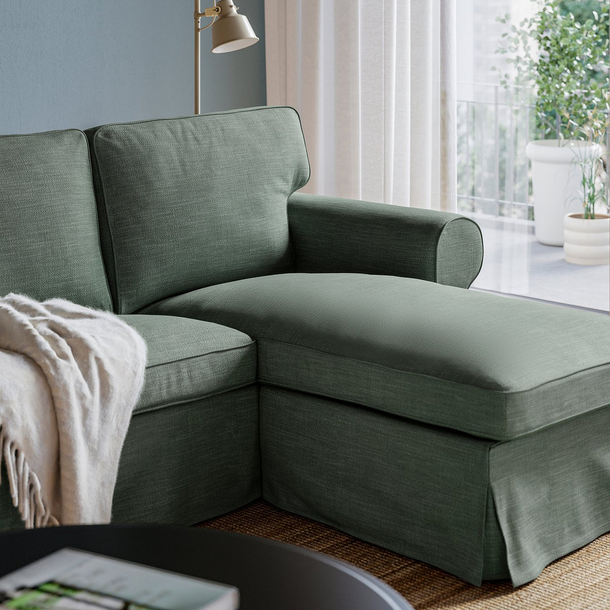 EKTORP 3-seat sofa with chaise longue, Hemmesta grey-green, 252x88x88 cm