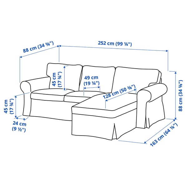 EKTORP 3-seat sofa, with chaise longue/Hillared anthracite, 252x88x88 cm