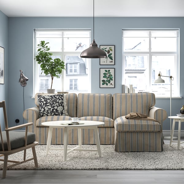 EKTORP - 3-seater sofa with chaise-longue, Karlshov beige/multicolour ,
