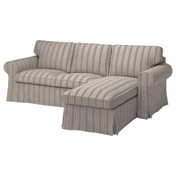 EKTORP - 3-seater sofa with chaise-longue, Karlshov beige/multicolour ,
