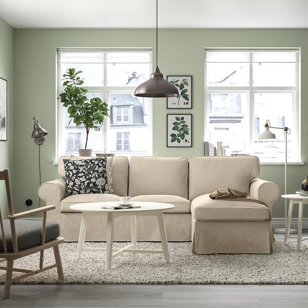 EKTORP - 3-seater sofa with chaise-longue, Kilanda light beige ,