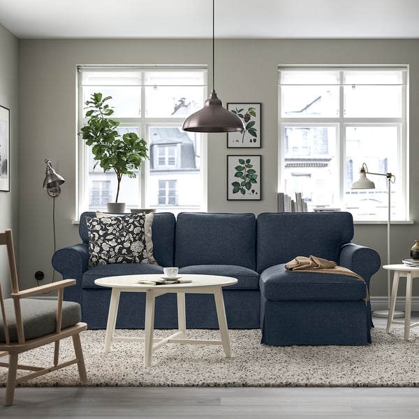 EKTORP 3-seat sofa with chaise longue, Kilanda dark blue, 252x88x163 cm