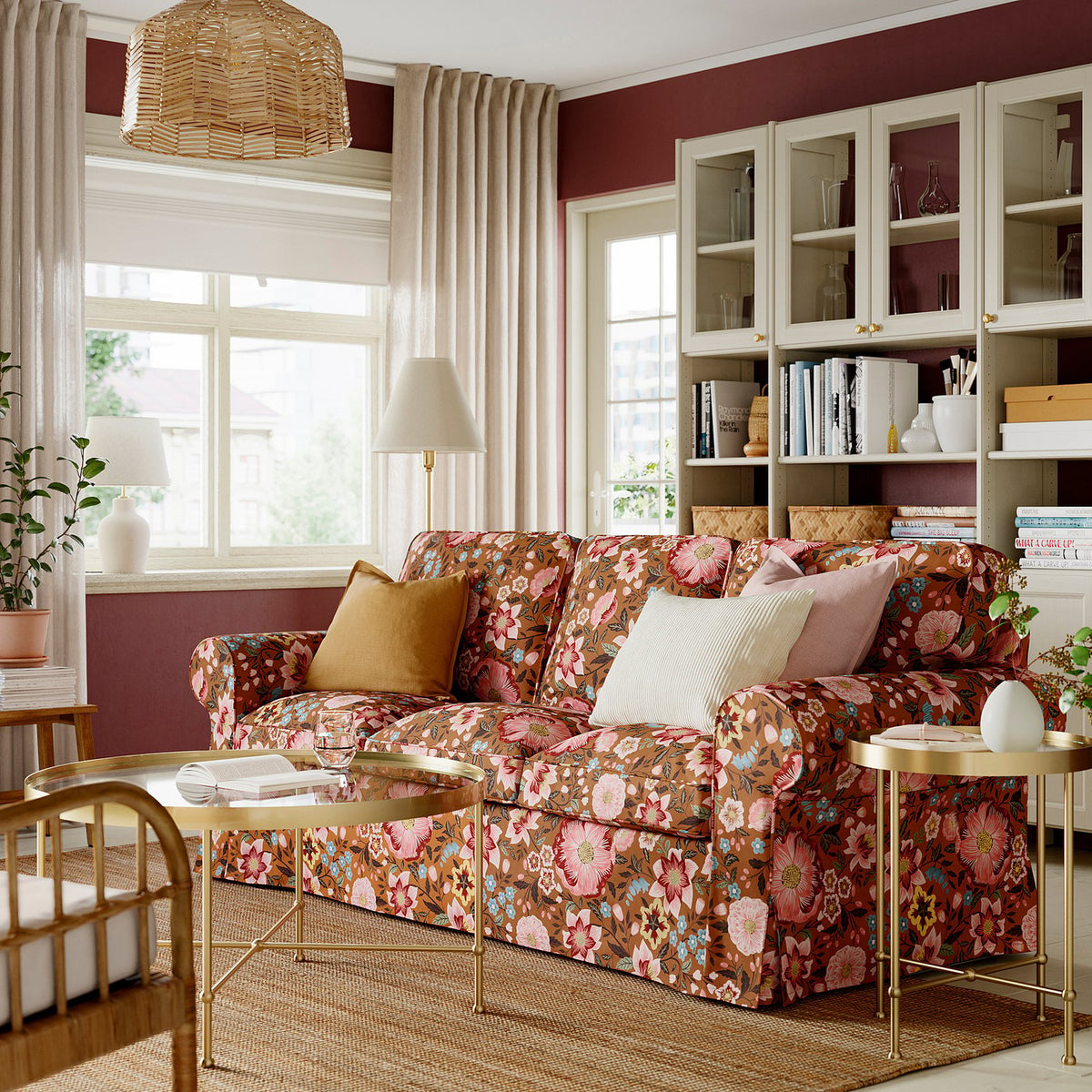 EKTORP 3-seat sofa, Mångbyn brown/multicolour, 218 cm