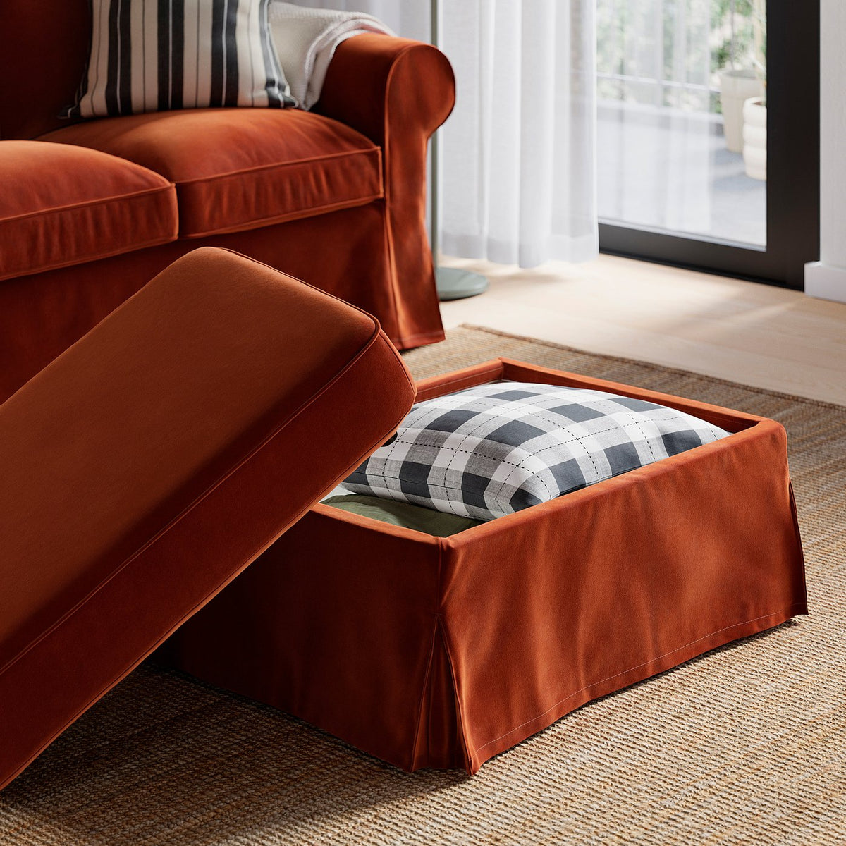 EKTORP footstool with storage, Alhamn deep orange-red, 82x62 cm