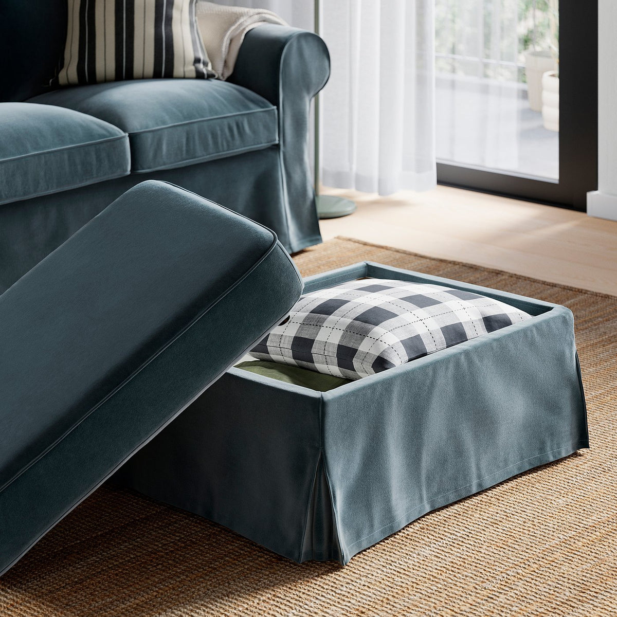 EKTORP footstool with storage, Alhamn dark grey-blue, 82x62 cm