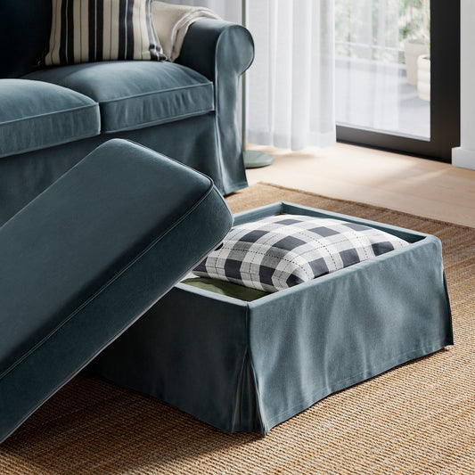 EKTORP footstool with storage, Alhamn dark grey-blue, 82x62 cm