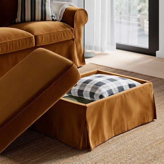 EKTORP footstool with storage, Alhamn dark yellow-brown, 82x62 cm