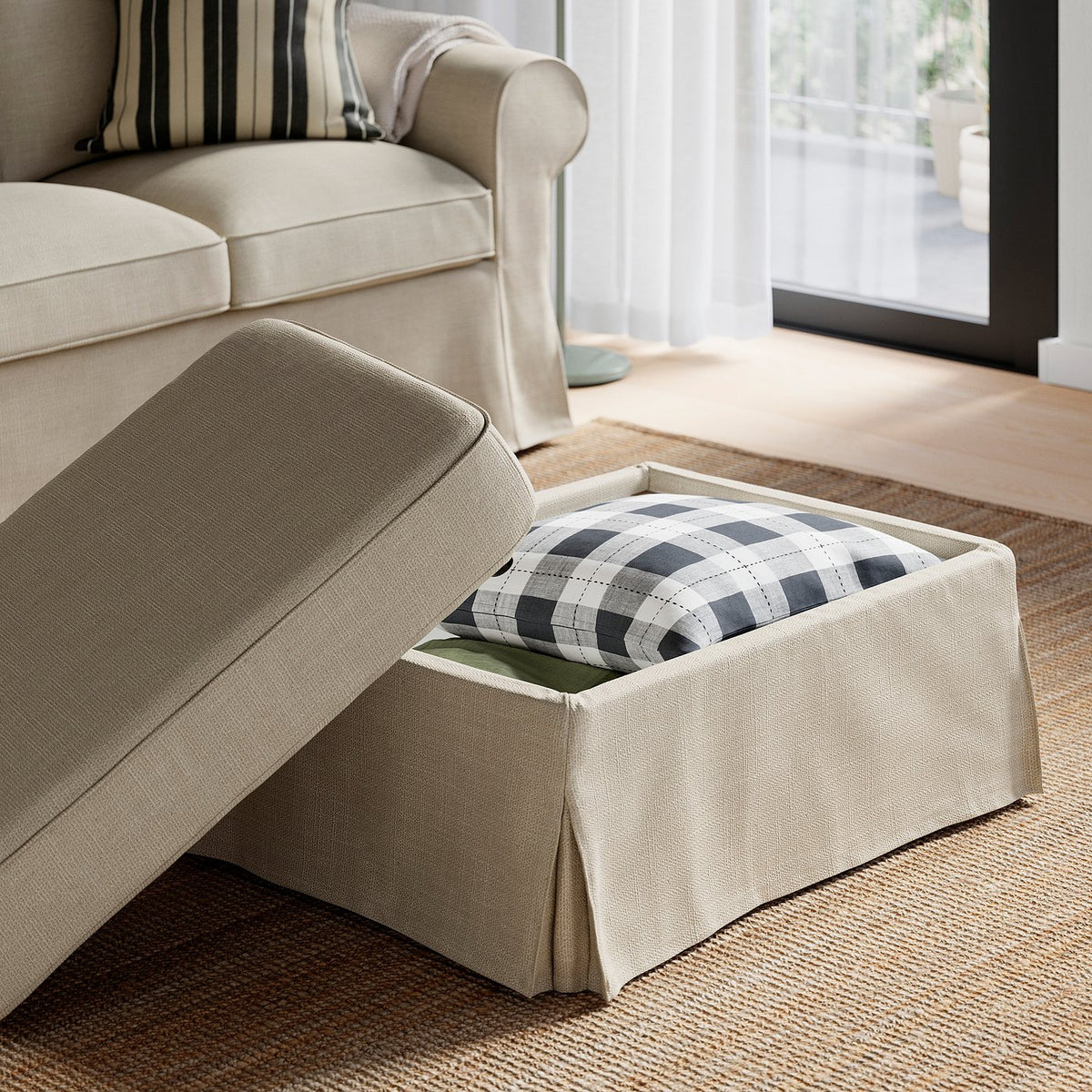 EKTORP footstool with storage, Hemmesta light beige, 82x62 cm