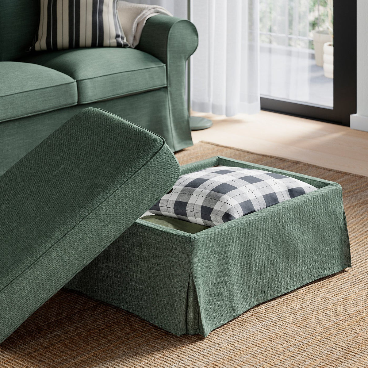 EKTORP footstool with storage, Hemmesta grey-green, 82x62 cm