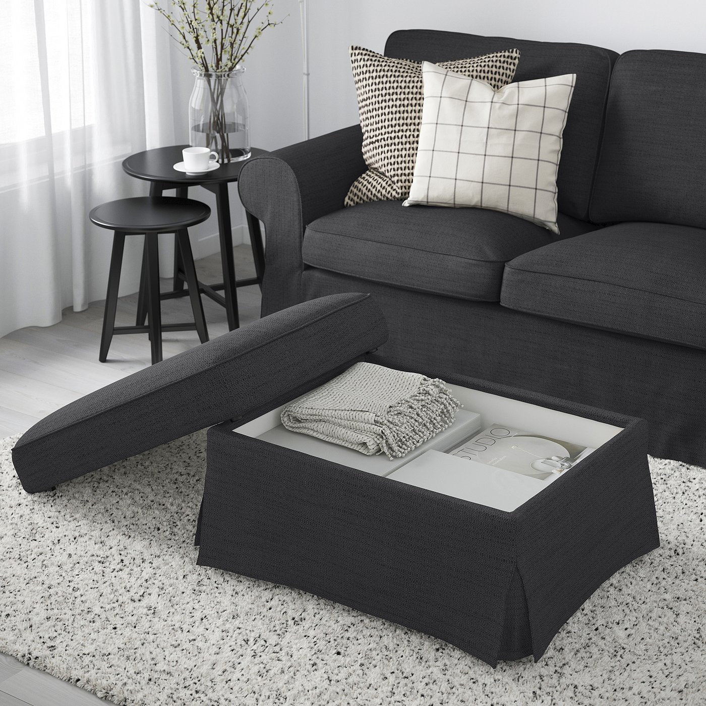 EKTORP footstool with storage, Hillared anthracite, 82x62 cm