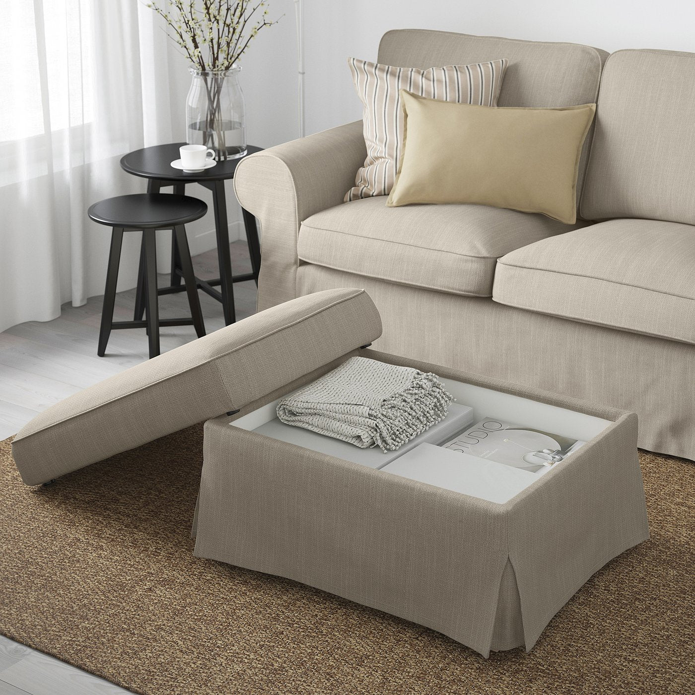 EKTORP footstool with storage, Hillared beige, 82x62 cm