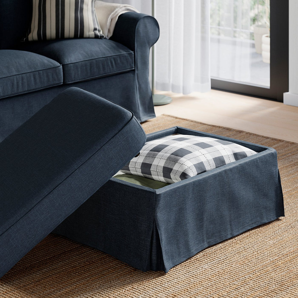 EKTORP footstool with storage, Kilanda dark blue, 82x62 cm