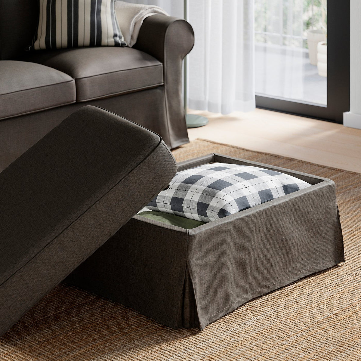 EKTORP footstool with storage, Kilanda grey-brown, 82x62 cm