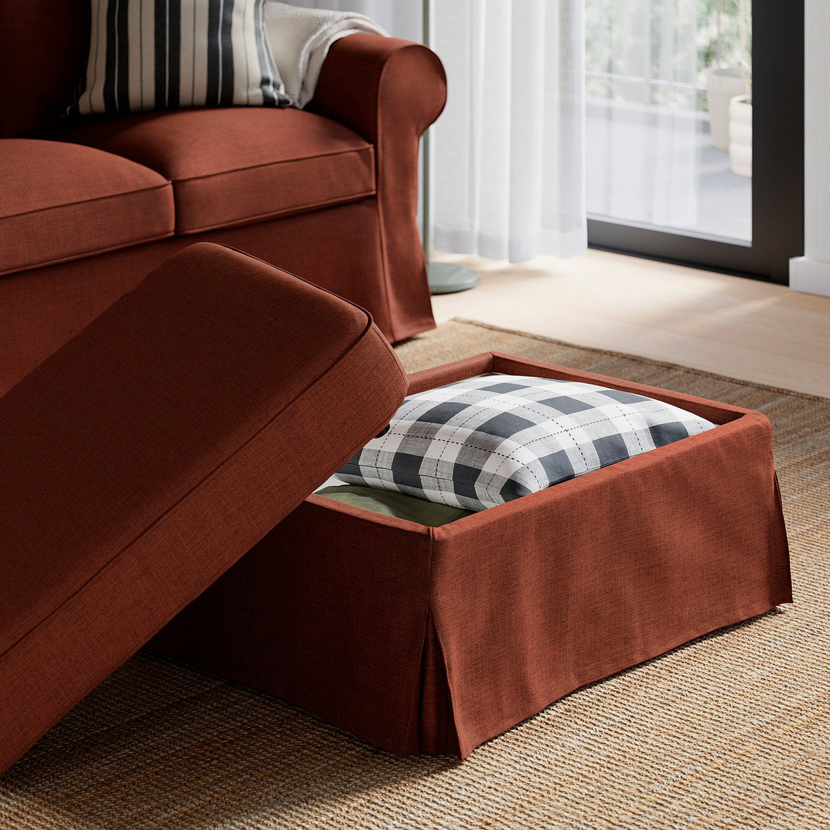 EKTORP footstool with storage, Kilanda brown-red, 82x62 cm