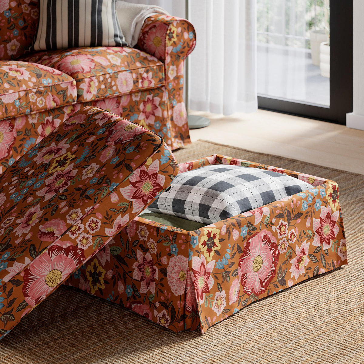 EKTORP footstool with storage, Mångbyn brown/multicolour, 82x62 cm