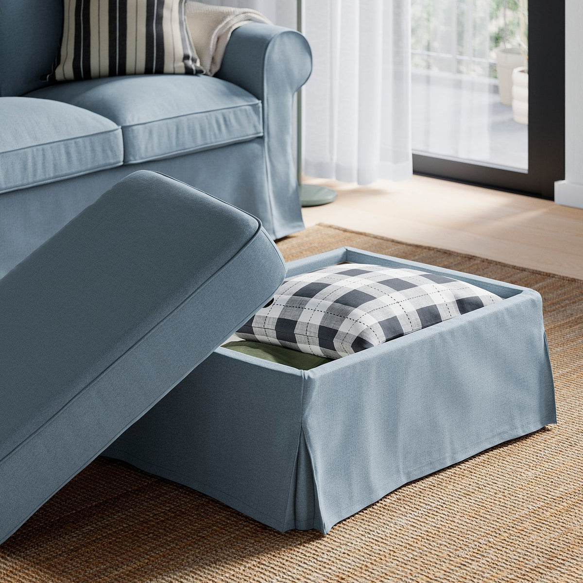 EKTORP footstool with storage, Naggen grey-blue, 82x62 cm