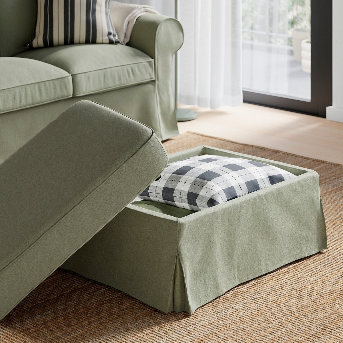 EKTORP footstool with storage, Naggen grey-green, 82x62 cm
