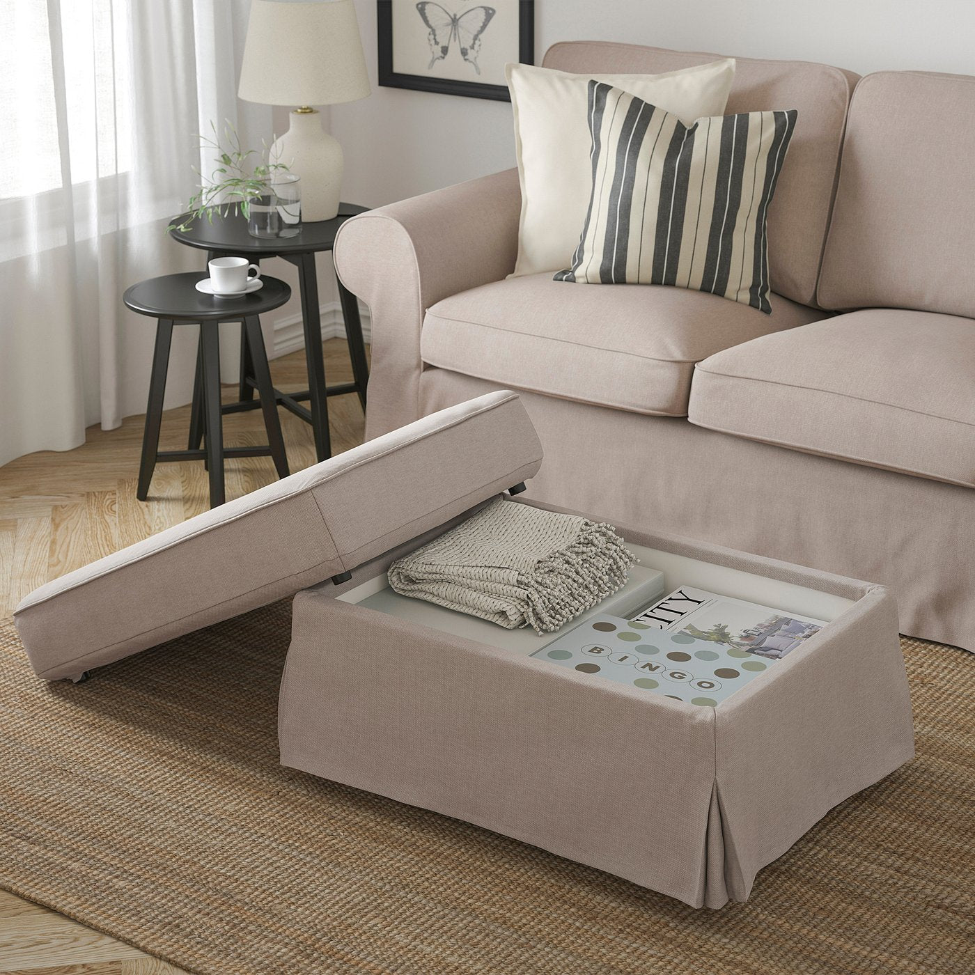 EKTORP footstool with storage, Tallmyra beige, 82x62 cm