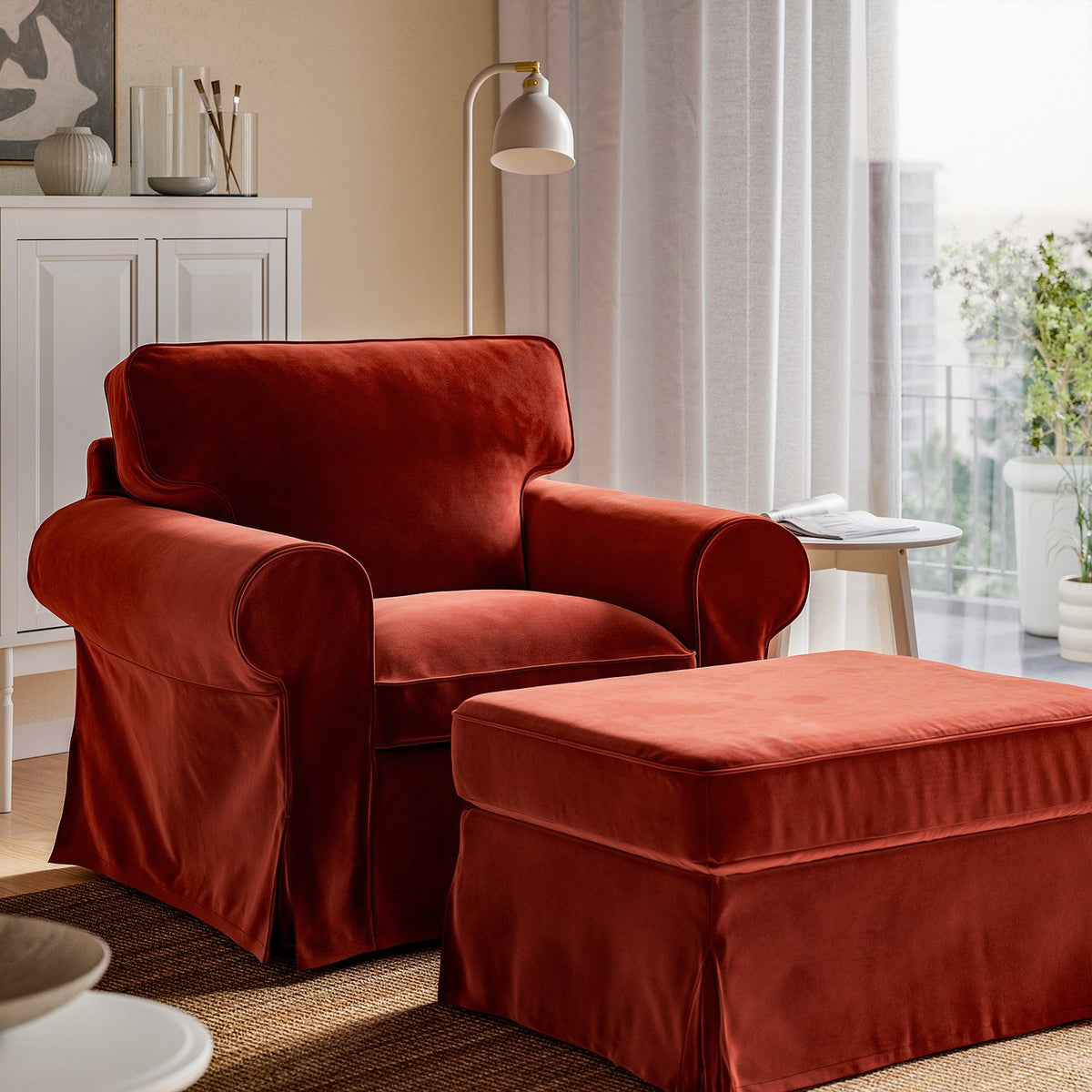 EKTORP armchair and footstool, Alhamn deep orange-red