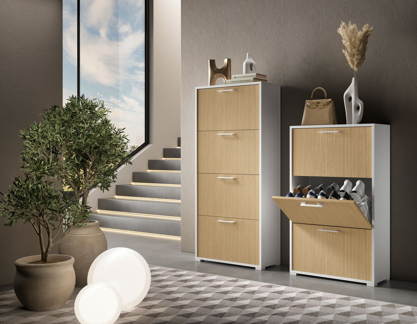 Bricocenter DOUBLE DEPTH SHOE RACK BCO/CANED TOP CM. L67XP28XH112 THREE DOORS 18 PAIRS OF SHOES