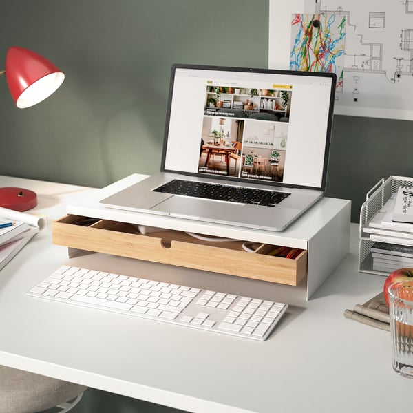 ELLOVEN monitor stand with drawer, white, 47x10x26 cm