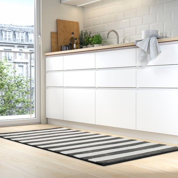 ELSYSTEM rug, low pile, black/white/stripe, 80x150 cm