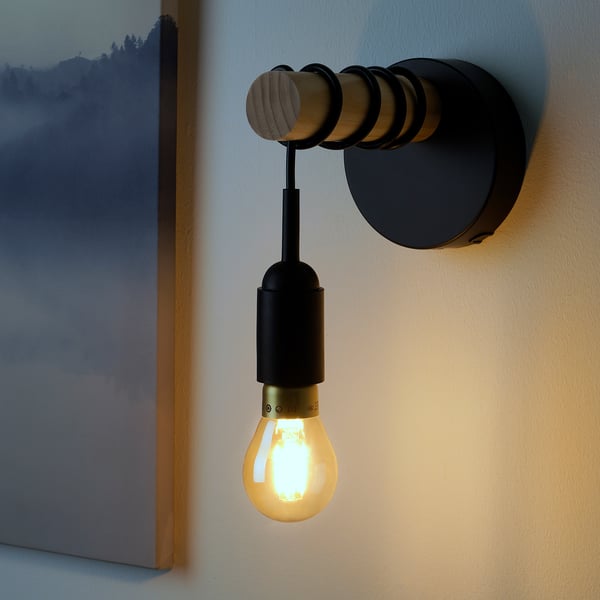 ENGARN wall lamp, wired-in installation, wood/metal black, 13 cm