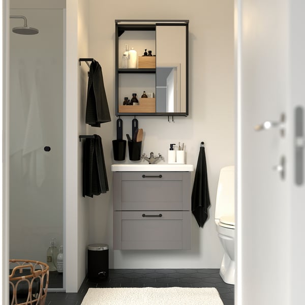 ENHET bathroom, anthracite/grey frame, 64x65x43 cm