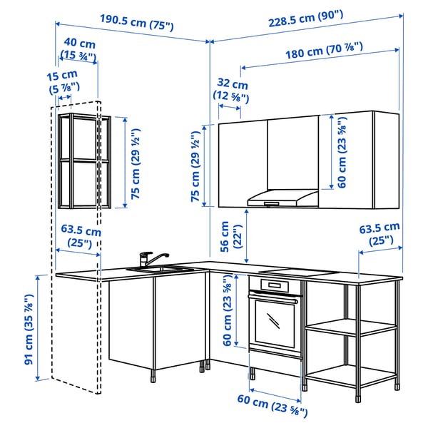 ENHET corner kitchen, white, 190.5x75x63.5 cm