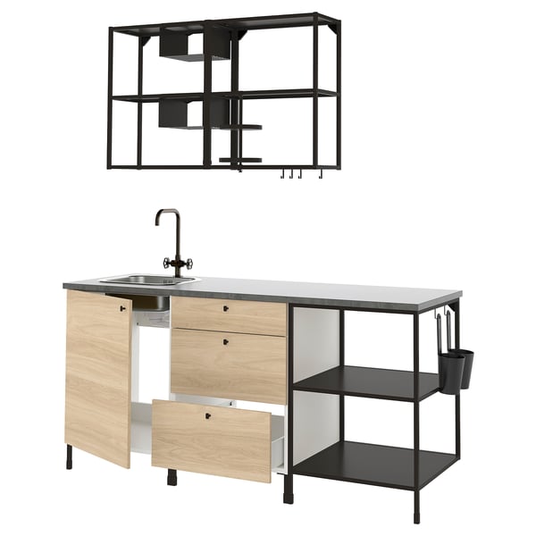 ENHET kitchen, anthracite/oak effect, 183x63.5x222 cm