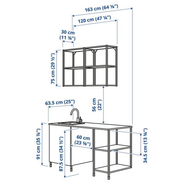 Ikea ENHET Kitchen - white/oak effect 163x63.5x222 cm , 163x63.5x222 cm