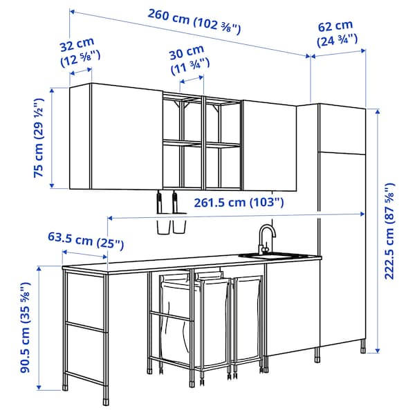 Ikea ENHET - Laundry room, white / oak effect, 261.5x63.5x222.5 cm