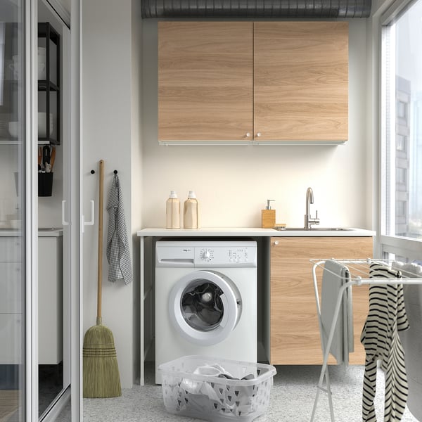 ENHET - Laundry room, white / oak effect, 121.5x63.5x87.5 cm , 139x63.5x87.5 cm