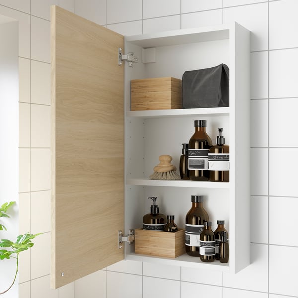 ENHET - ENHET Wall cb w 2 shlvs/door, white/oak effect, 40x17x75 cm