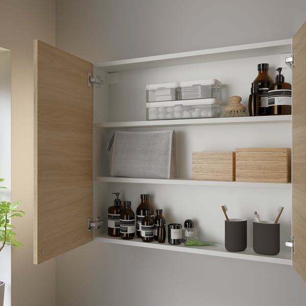 ENHET - Wall cb w 2 shlvs/doors, white/oak effect, 80x17x75 cm
