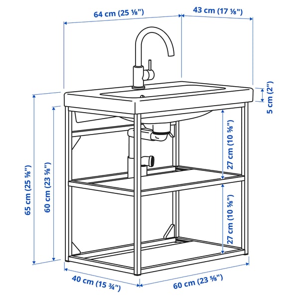 ENHET / TVÄLLEN - Open washbasin cabinet/2 shelves, anthracite,64x43x65 cm
